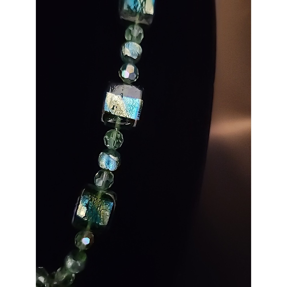 Vintage Handcrafted Art Glass Beaded Necklace Green, Blue, Metallic Foil 21" - Picture 6 of 16